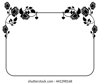 Horizontal black and white frame with roses silhouettes. Vector clip art.