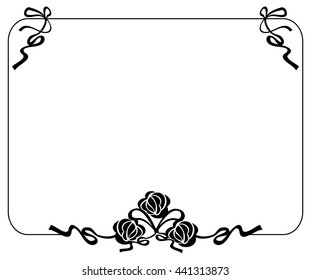 Horizontal black and white frame with roses silhouettes. Vector clip art.