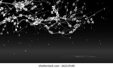 Horizontal black and white illustration abstract drawing of blossoming tree branch on black. 