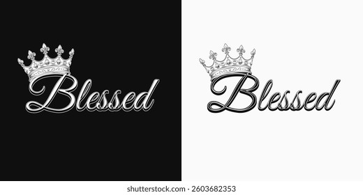 Horizontal black and white label with crown, text Blessed, scattered beads, particles, dust. Detailed composition in vintage style.