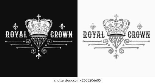 Horizontal black and white label with imperial crown, fleur de lis sign, jewelry chains, text. Detailed composition in vintage style.