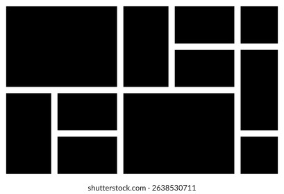 A Horizontal Black and White Rectangular Grid Photo Collage Template for Multiple Photos. blank college frame photo part or picture Vector mockup. frame. picture college. picture frames.