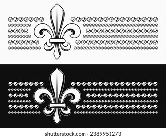 Etiqueta horizontal de rayas blancas y negras Mardi Gras con el símbolo Fleur de Lis, cadena de cuentas. Para impresiones, ropa, camiseta, diseño de superficie. Estilo vintage