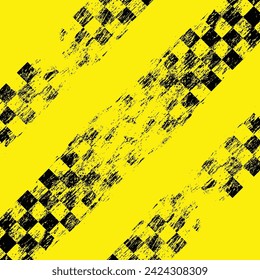 Horizontal black and yellow sport flags silhouettes for start and finish lines with grunge orange brush lines