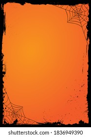 The horizontal blank gradient orange Halloween banner background template with black grunge border and spider web