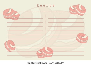 Horizontal blank recipe card template with macaroons cookies. Vintage old paper style, scrapbooking. Vector illustration