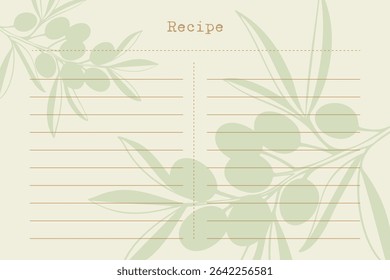 Horizontal blank recipe card template with olive branch silhouette. 