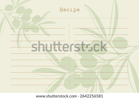 Horizontal blank recipe card template with olive branch silhouette. 