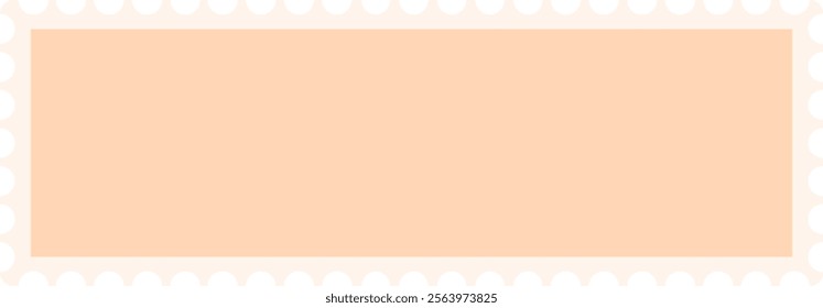 Horizontal blank rectangular postage stamp with a light orange background and a white scalloped edge is displayed on a white background, providing copy space for text or designs