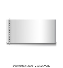 Horizontal blank textile label mockup with side stitching. Cotton white ribbon. Realistic template with shadow. Care and branding information. Vector illustration, isolated background.