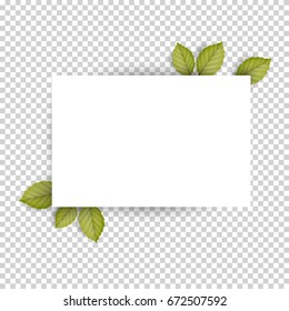 Horizontal blank white sheet paper and green fresh spring leaves. Empty frame template. Vector Illustration