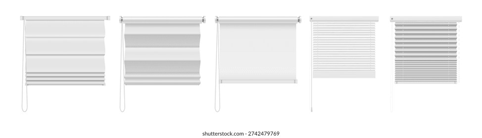 Horizontal blinds with parallel slats covering glass frame. Vector realistic window covering. Venetian louvers set for providing privacy and light control. Household fixture for residential and office