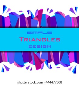 Horizontal blue abstract background. Center border geometric design. Red, pink and purple triangles Vector illustration.