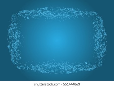 Horizontal blue background with a damaged frame. Dust brush.  Grunge.