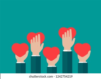 Horizontal Blue Background With Hands Holding Red Hearts. Charity, Philanthropy, Support, Giving, Help, Love Concept. Flat Vector Illustration. 