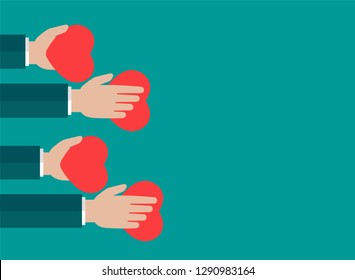 Horizontal Blue Background With Hands Holding Red Hearts. Charity, Philanthropy, Support, Giving, Help, Love Concept. Flat Vector Illustration. 