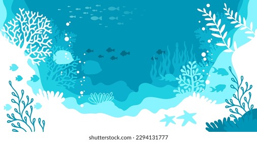 Horizontal blue background. Underwater marine life of a coral reef. World oceans day