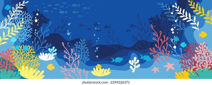 Horizontal blue background. Underwater marine life of a coral reef. World oceans day