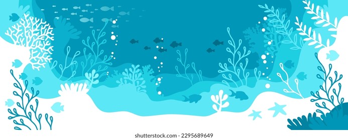 Horizontal blue background. Underwater marine life of a coral reef. World oceans day