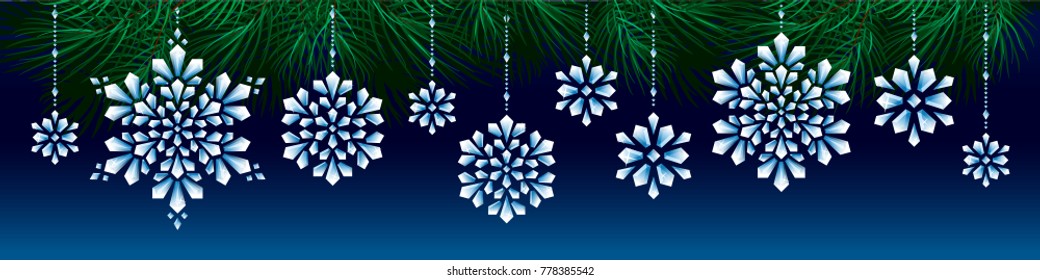 horizontal blue background and white snowflakes and pine branch