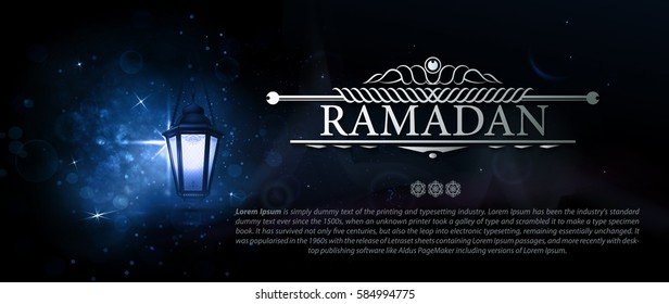 Horizontal Blauer Banner mit Licht und Reflexion für ramadan Kareem. Arabische Vektorlampe auf dunklem abstraktem Hintergrund. Hanging Leuchtlampe mit Text, Licht, Unschärfe und Bokeh. 