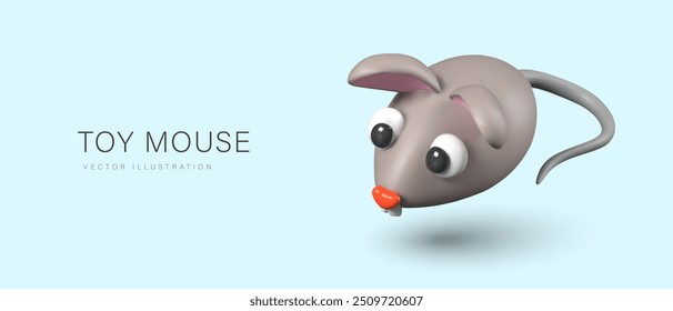 Horizontal blue banner with toy mouse. Advertising concept in 3D style