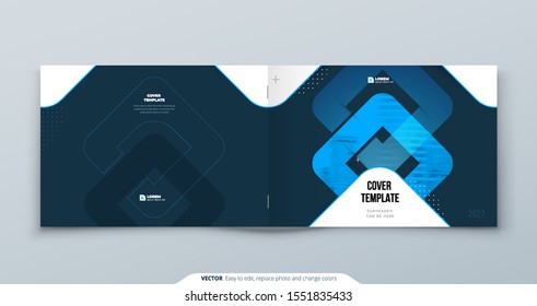 Horizontal Blue Brochure Design. A4 Cover Template for Brochure, Report, Catalog, Magazine. Horizontal Brochure Layout with Bright Color Shapes and Abstract Background. Modern Brochure concept