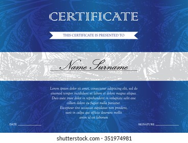 Horizontal blue certificate and diploma template with vintage, floral, filigree and cute pattern for winner for achievement. Blank of award coupon. Vector