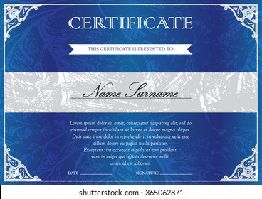 Horizontal blue certificate and diploma template with vintage, floral, filigree and cute pattern for winner for achievement. Blank of award coupon. Vector