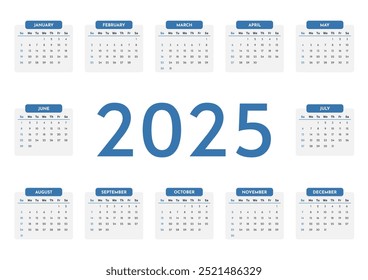 Calendário moderno clássico azul horizontal 2025 em inglês. Calendário de mesa ou parede A4. A semana começa no domingo