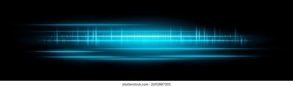 Horizontal blue glowing light streaks with motion blur and bright reflections. Perfect for overlays, visual effects, modern design, and digital highlights.