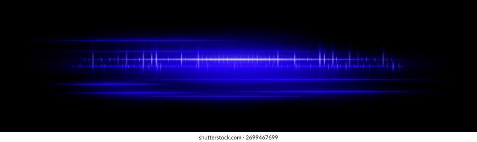 Horizontal blue glowing light streaks with motion blur and bright reflections. Perfect for overlays, visual effects, modern design, and digital highlights.
