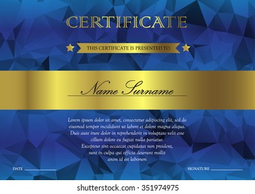 Horizontal blue and gold certificate and diploma template with vintage, floral, filigree and cute pattern for winner for achievement. Blank of award coupon. Vector