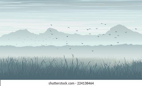 Horizontal blue illustration of meadow field with mountains in fog with clouds and birds.