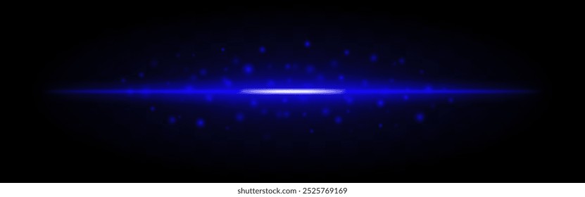Horizontal blue laser beam with scattered glowing particles isolated on a transparent background. Bright energy effect, ideal for sci-fi, futuristic themes, or digital graphic design.