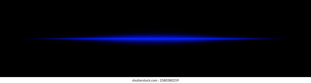 Horizontal blue light beam glowing on black background. Abstract digital energy effect. Futuristic technology and sci-fi concept for design and wallpaper