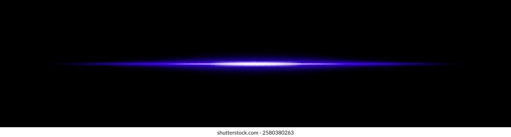 Horizontal blue light beam glowing on black background. Abstract digital energy effect. Futuristic technology and sci-fi concept for design and wallpaper