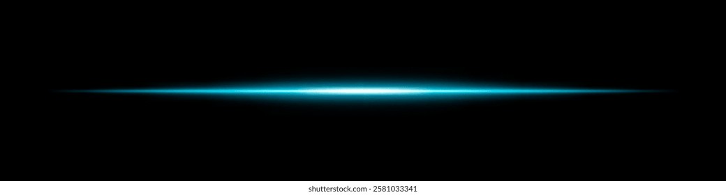 Horizontal blue light beam glowing on black background. Abstract digital energy effect. Futuristic technology and sci-fi concept for design and wallpaper