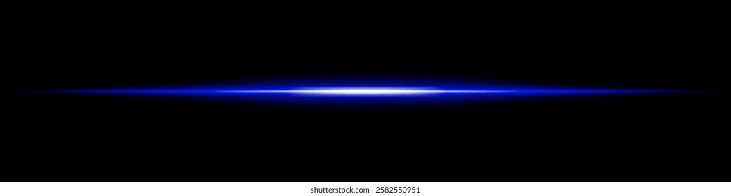 Horizontal blue light beam glowing on black background. Abstract digital energy effect. Futuristic technology and sci-fi concept for design and wallpaper