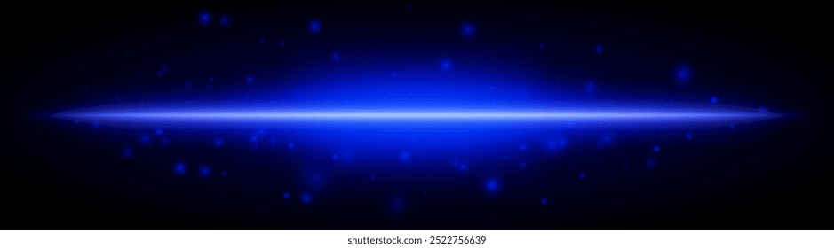 Horizontal blue light effect isolated on dark background. Bright glowing beam with sparkles and lens flare. Graphical patch of reflected light. Abstract rays. Vector illustration.