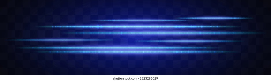 Horizontal blue light effect isolated on transparent background. Graphical patch of reflected light. Neon stripes. Bright glowing lines. Lens flare. Abstract rays. Vector illustration