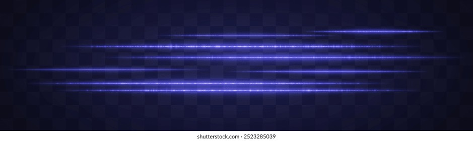 Horizontal blue light effect isolated on transparent background. Graphical patch of reflected light. Neon stripes. Bright glowing lines. Lens flare. Abstract rays. Vector illustration