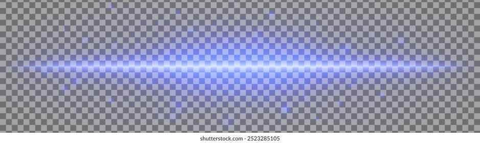 Horizontal blue light effect isolated on transparent background. Bright glowing beam with sparkles and lens flare. Graphical patch of reflected light. Abstract rays. Vector illustration.