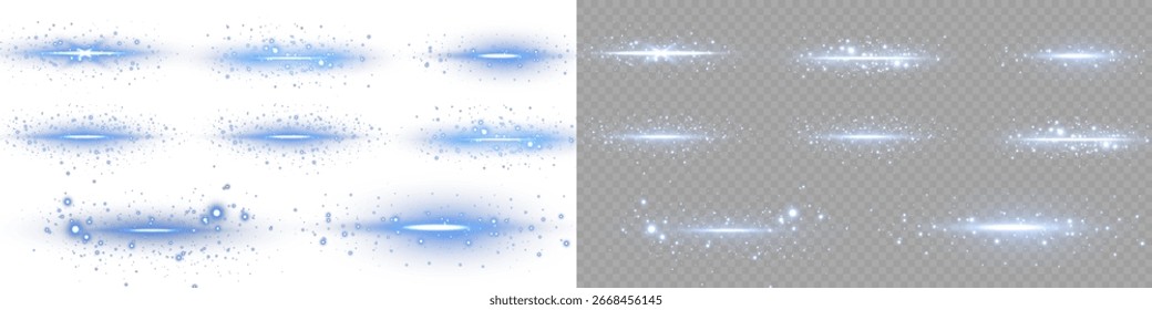 Horizontal blue light flare with glimmer particles on transparent background. Isolated streaks of energy, ideal for digital effects, video overlays, and sci-fi themes.