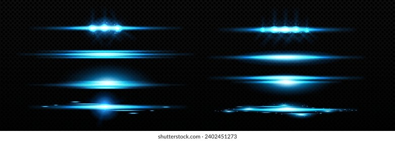 Horizontal blue light line with fade effect. Realistic vector illustration set of glow flare burst with beams. Neon flash strip with sparkle on transparent background. Magic shiny shimmer with glitter