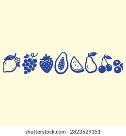 Horizontal blue line art border featuring various fresh fruits including lemon, grapes, strawberry, papaya, and cherry.Horizontal blue line art border featuring various fresh fruits including lemon, grapes, strawberry, papaya, and cherry.