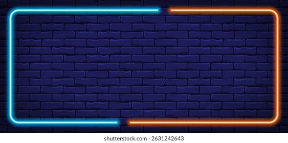 Horizontal blue orange neon frame on brick wall