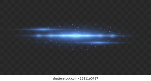 Horizontal blue rays. Blue glowing neon lines. Flash of light, dust particles. On a transparent background.
