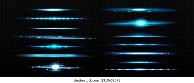 Horizontal blue sparkle light glow line divider vector. Transparent flare beam effect with neon laser explosion. Isolated bright speed energy motion shiny overlay with glitter and blur collection.