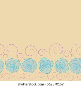 Horizontal blue, violet and neutral roses for fabric or embroidery with copy space (place for your text).